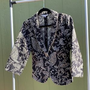 CAbi black blazer accented with white designs